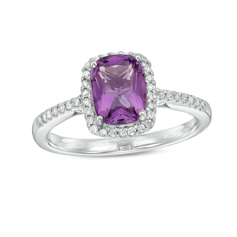 Cushion-Cut Amethyst and 0.12 CT. T.W. Diamond Frame Ring in 10K White Gold|Peoples Jewellers