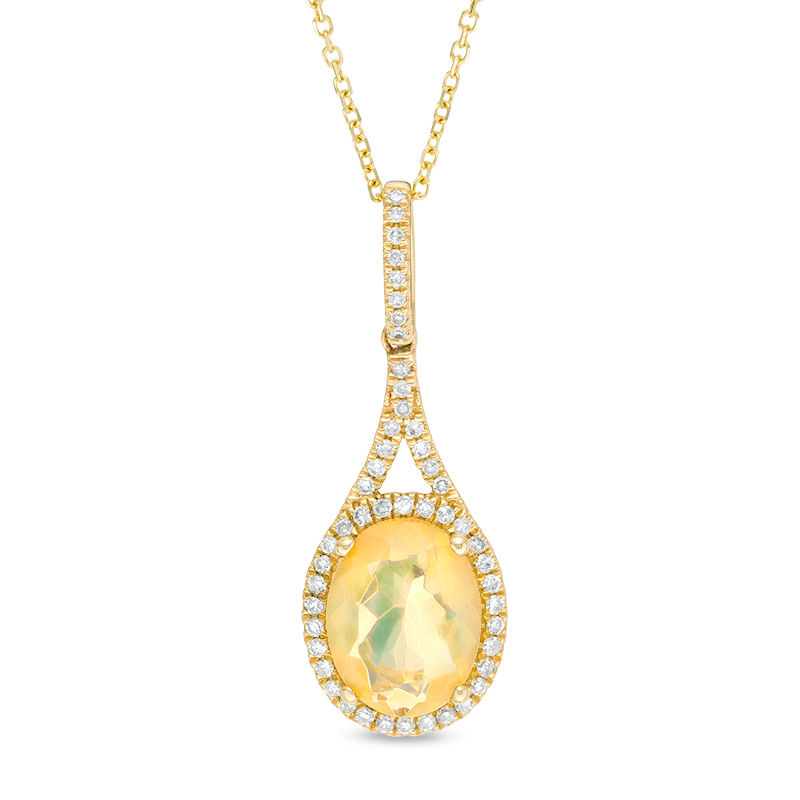 Oval Multi-Colour Opal and 0.14 CT. T.W. Diamond Frame Drop Pendant in 10K Gold