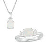 Thumbnail Image 0 of 7.0mm Cushion-Cut Lab-Created Opal and White Sapphire Pendant and Ring Set in Sterling Silver - Size 7