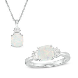 7.0mm Cushion-Cut Lab-Created Opal and White Sapphire Pendant and Ring Set in Sterling Silver - Size 7