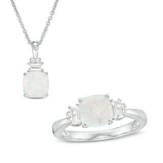 7.0mm Cushion-Shaped Lab-Created Opal and White Sapphire Pendant and Ring Set in Sterling Silver - Size 7