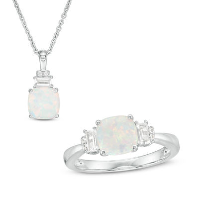 7.0mm Cushion-Shaped Lab-Created Opal and White Sapphire Pendant and Ring Set in Sterling Silver - Size 7
