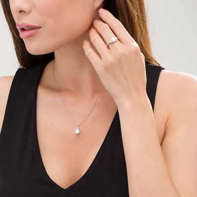7.0mm Cushion-Shaped Lab-Created Opal and White Sapphire Pendant and Ring Set in Sterling Silver - Size 7
