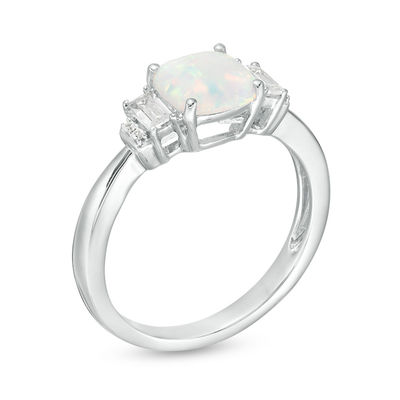 7.0mm Cushion-Shaped Lab-Created Opal and White Sapphire Pendant and Ring Set in Sterling Silver - Size 7