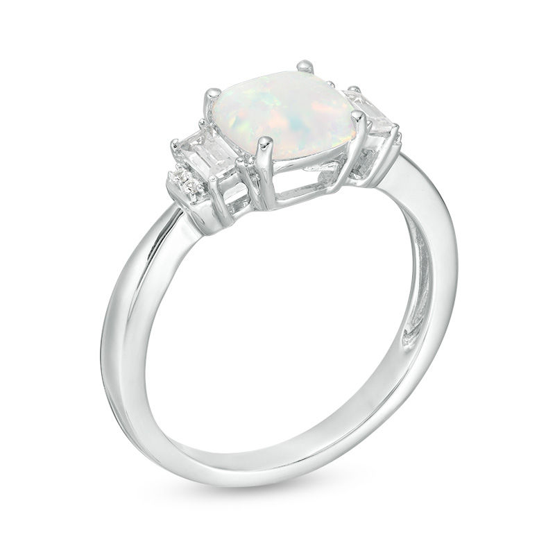 7.0mm Cushion-Cut Lab-Created Opal and White Sapphire Pendant and Ring Set in Sterling Silver - Size 7