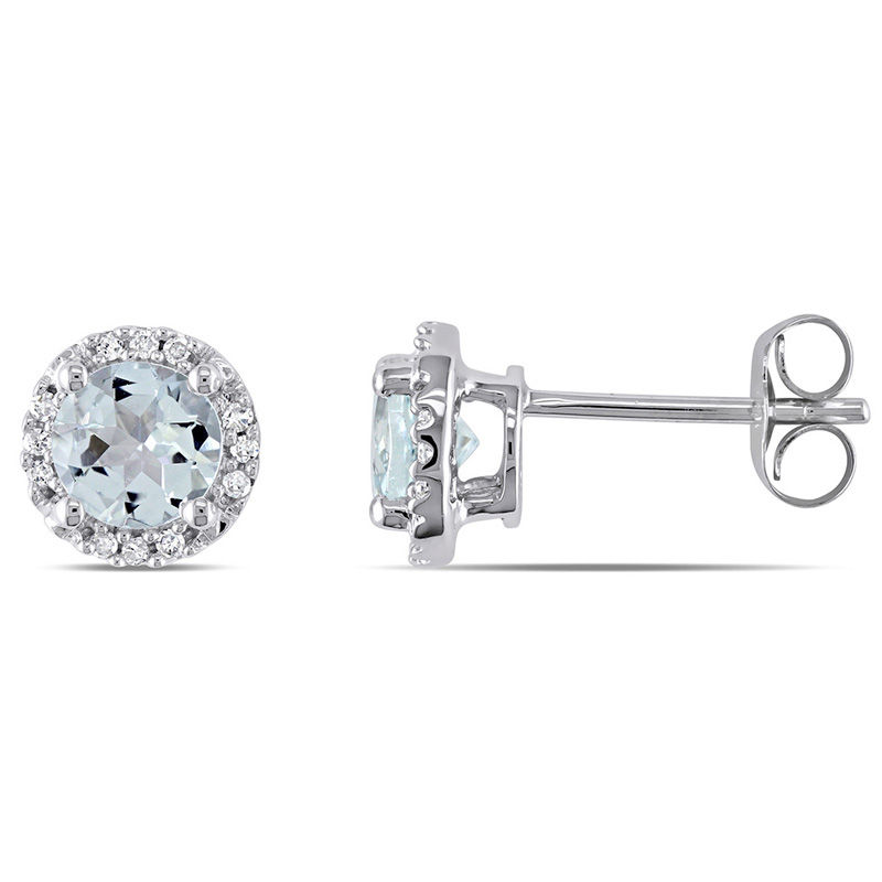 5.0mm Aquamarine and 0.07 CT. T.W. Diamond Frame Stud Earrings in 10K White Gold|Peoples Jewellers