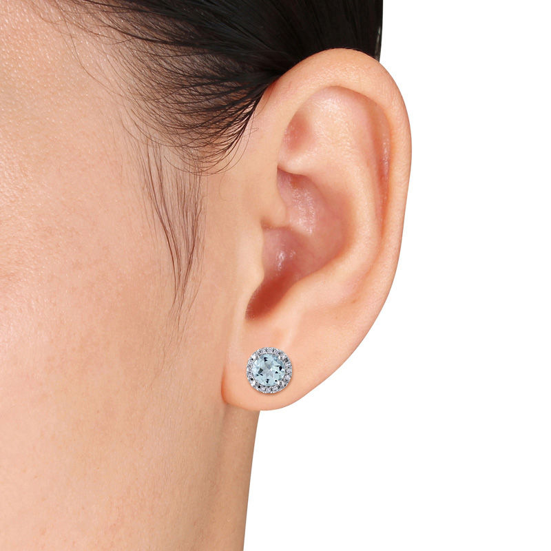 Main Image 2 of 5.0mm Aquamarine and 0.07 CT. T.W. Diamond Frame Stud Earrings in 10K White Gold