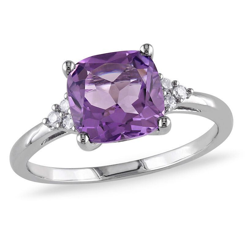 8.0mm Cushion-Cut Amethyst and 0.06 CT. T.W. Diamond Tri-Sides Ring in 10K White Gold|Peoples Jewellers