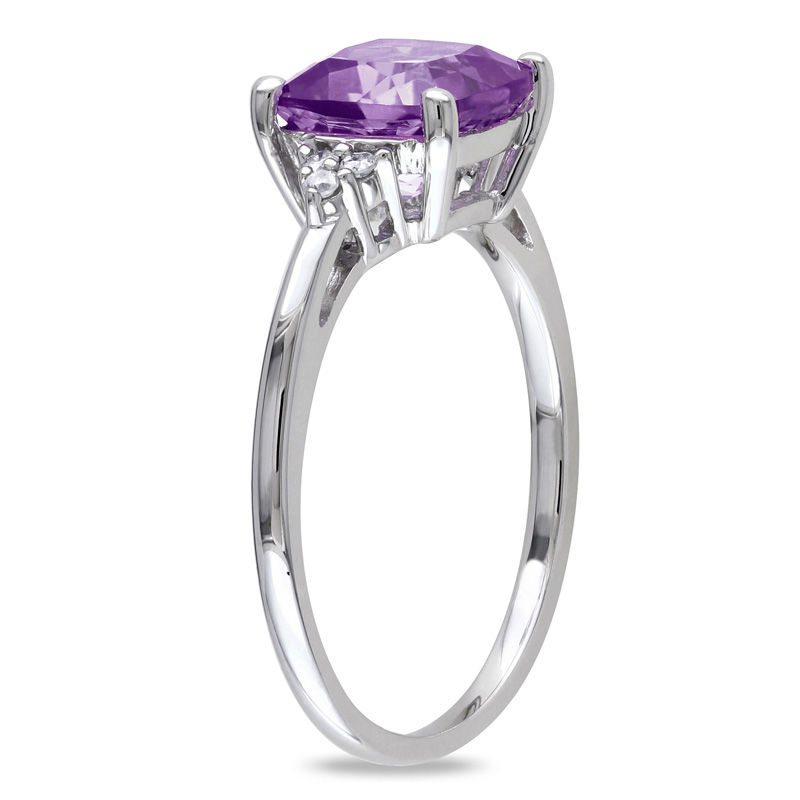 Main Image 2 of 8.0mm Cushion-Cut Amethyst and 0.06 CT. T.W. Diamond Tri-Sides Ring in 10K White Gold