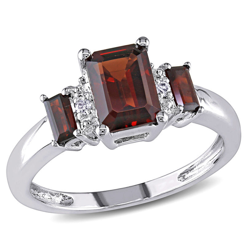 Emerald-Cut Garnet and Diamond Accent Three Stone Ring in 10K White Gold|Peoples Jewellers