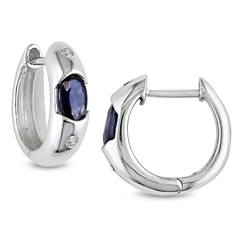 Oval Blue Sapphire and 0.05 CT. T.W. Diamond Huggie Hoop Earrings in 10K White Gold