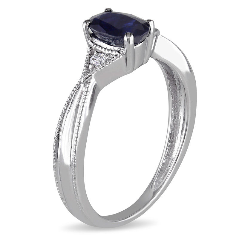 Main Image 2 of Oval Blue Sapphire and Diamond Accent Triangle Sides Vintage-Style Ring in 10K White Gold