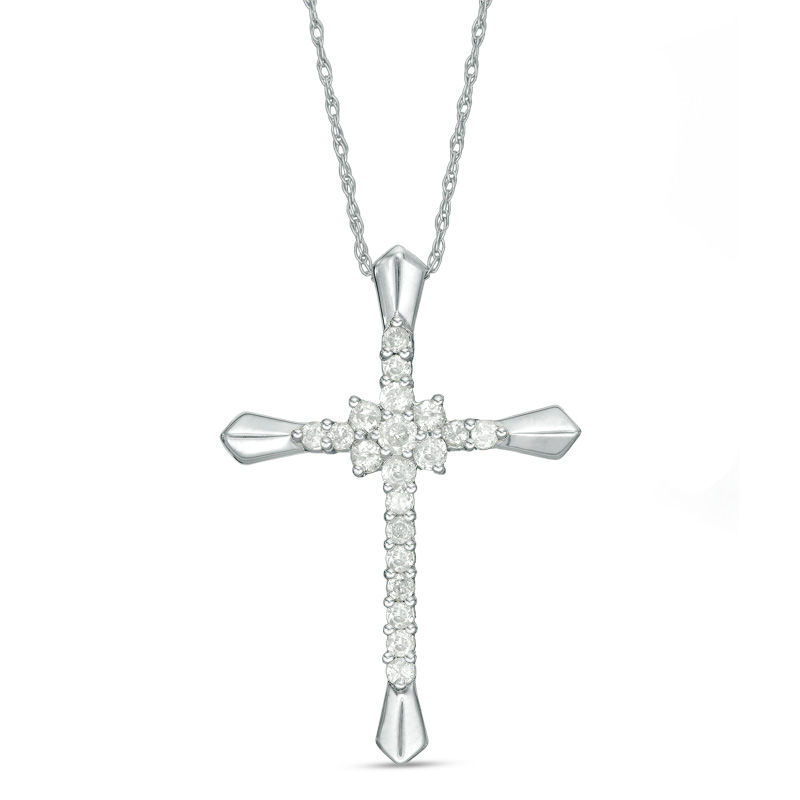 0.37 CT. T.W. Diamond Flower Cluster Cross Pendant in 10K White Gold|Peoples Jewellers