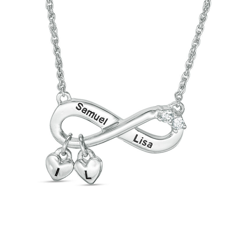 Simulated Birthstone Infinity with Heart Charm Necklace in Sterling Silver (2 Stones, Names and Initials)|Peoples Jewellers