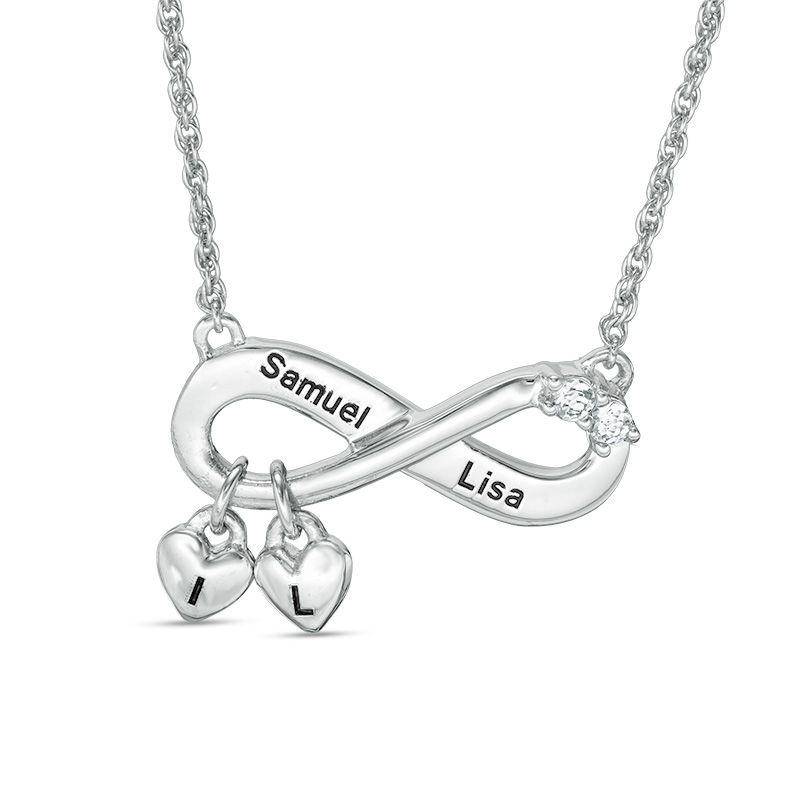 Simulated Birthstone Infinity with Heart Charm Necklace in Sterling Silver (2 Stones, Names and Initials)