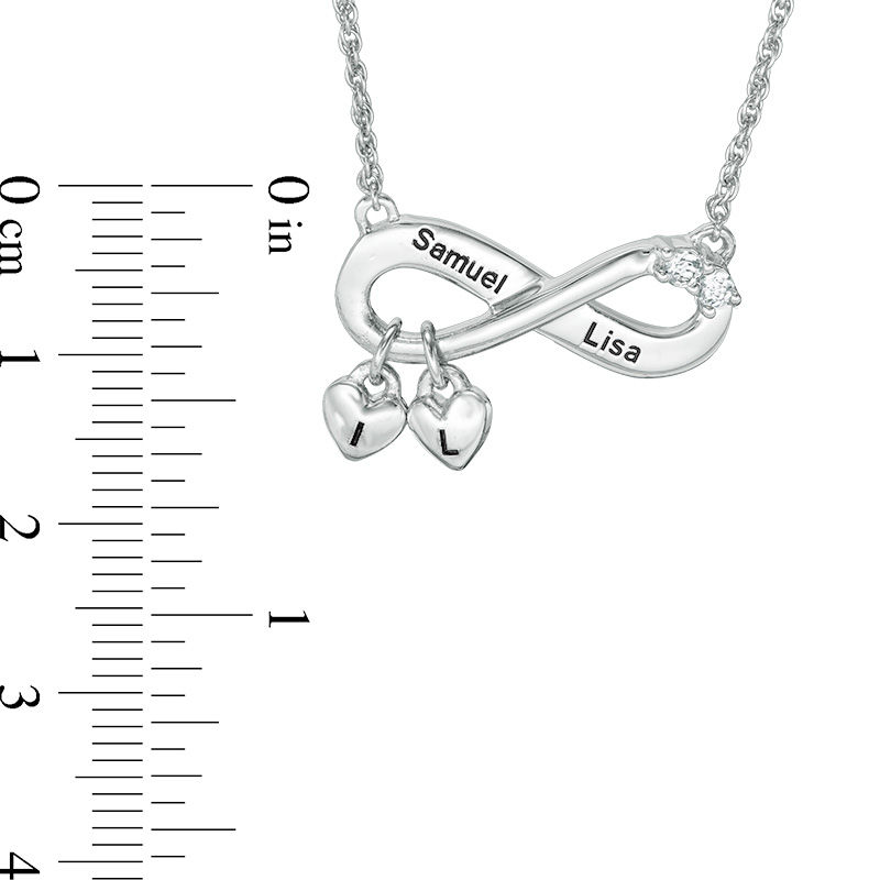 Simulated Birthstone Infinity with Heart Charm Necklace in Sterling Silver (2 Stones, Names and Initials)