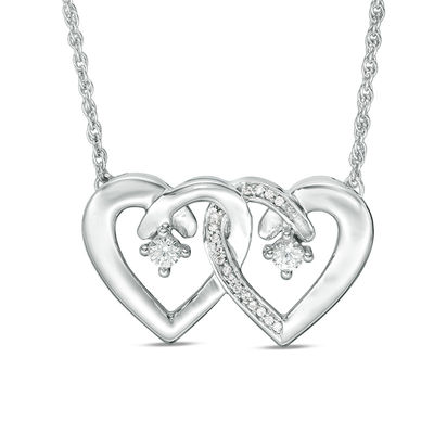 Couple's Simulated Birthstone and 1/20 CT. T.W. Diamond Double Heart Necklace in Sterling Silver (2 Stones)