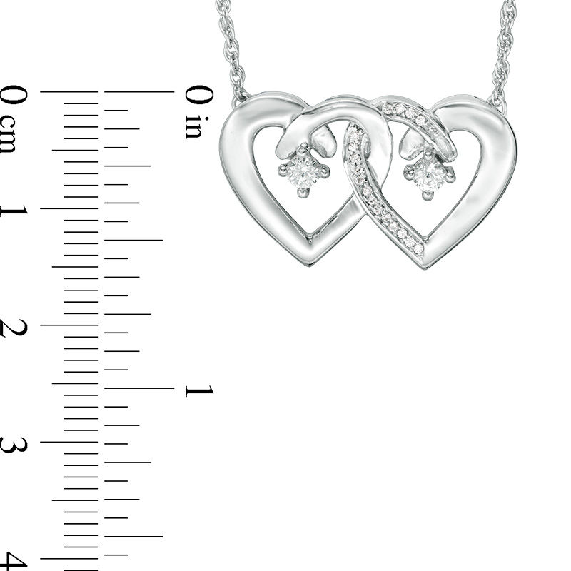 Couple's Simulated Birthstone and 1/20 CT. T.W. Diamond Double Heart Necklace in Sterling Silver (2 Stones)