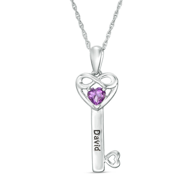 4.0mm Simulated Birthstone Heart with Infinity Key Pendant in Sterling Silver (1 Stone and Name)|Peoples Jewellers