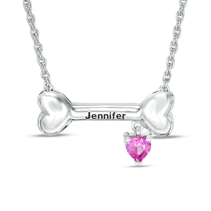 4.0mm Heart-Shaped Simulated Birthstone Charm Dog Bone Necklace in Sterling Silver (1 Stone and Name)|Peoples Jewellers