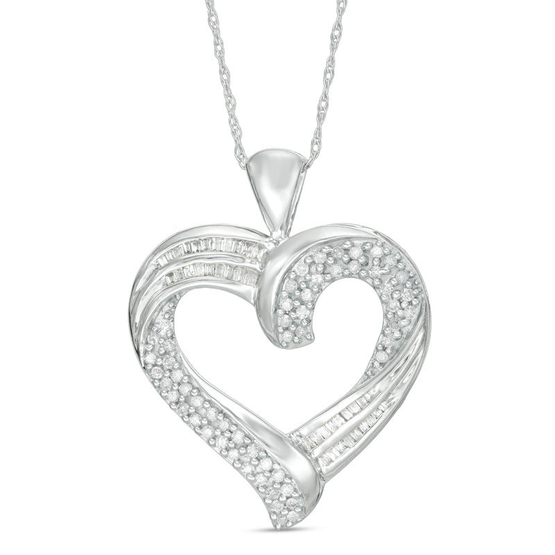 0.45 CT. T.W. Baguette and Round Diamond Heart Pendant in 10K White Gold|Peoples Jewellers