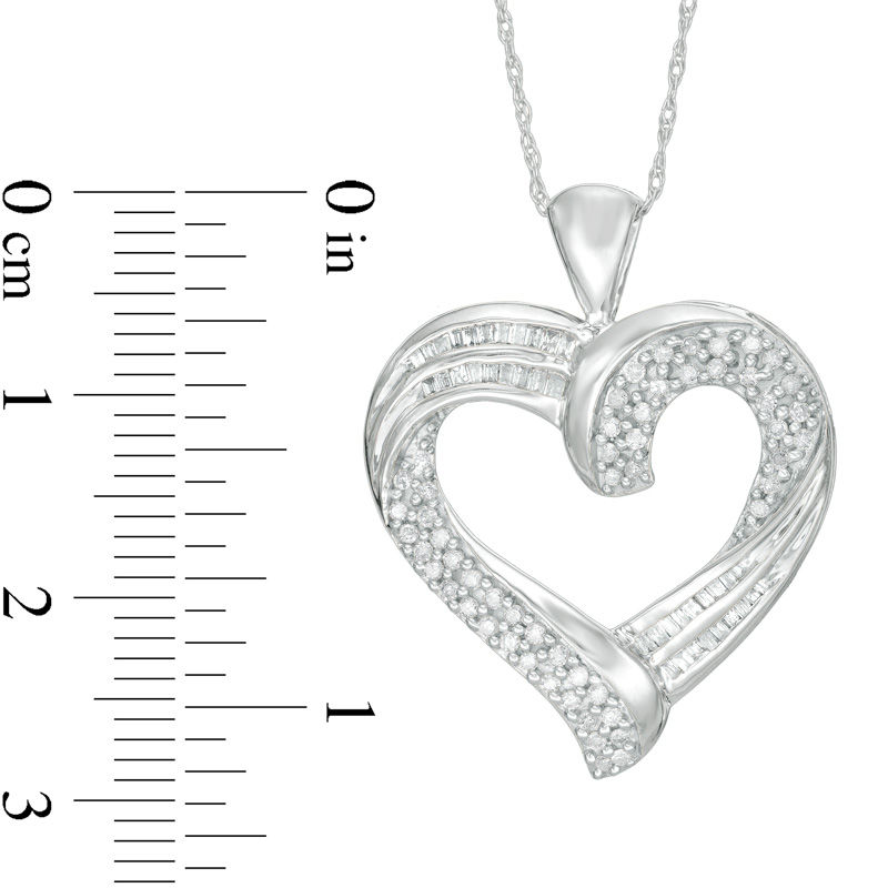 0.45 CT. T.W. Baguette and Round Diamond Heart Pendant in 10K White Gold