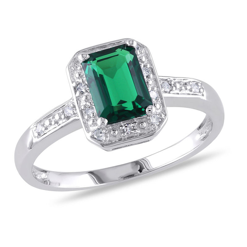 Emerald-Cut Lab-Created Emerald and 0.05 CT. T.W. Diamond Frame Ring in Sterling Silver|Peoples Jewellers