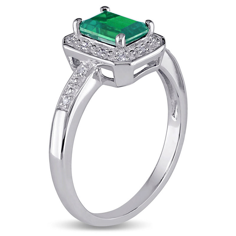 Emerald-Cut Lab-Created Emerald and 0.05 CT. T.W. Diamond Frame Ring in Sterling Silver