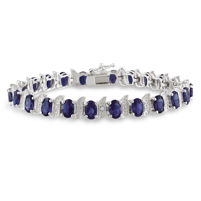 Oval Lab-Created Blue Sapphire and Diamond Accent Cascading Bracelet in Sterling Silver|Peoples Jewellers