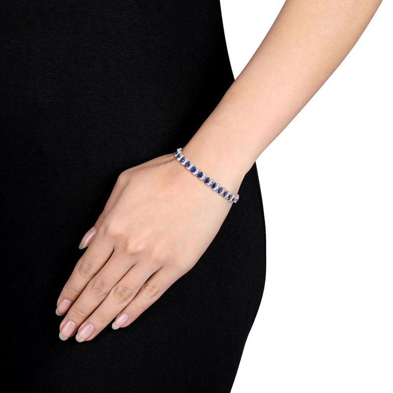 Oval Lab-Created Blue Sapphire and Diamond Accent Cascading Bracelet in Sterling Silver