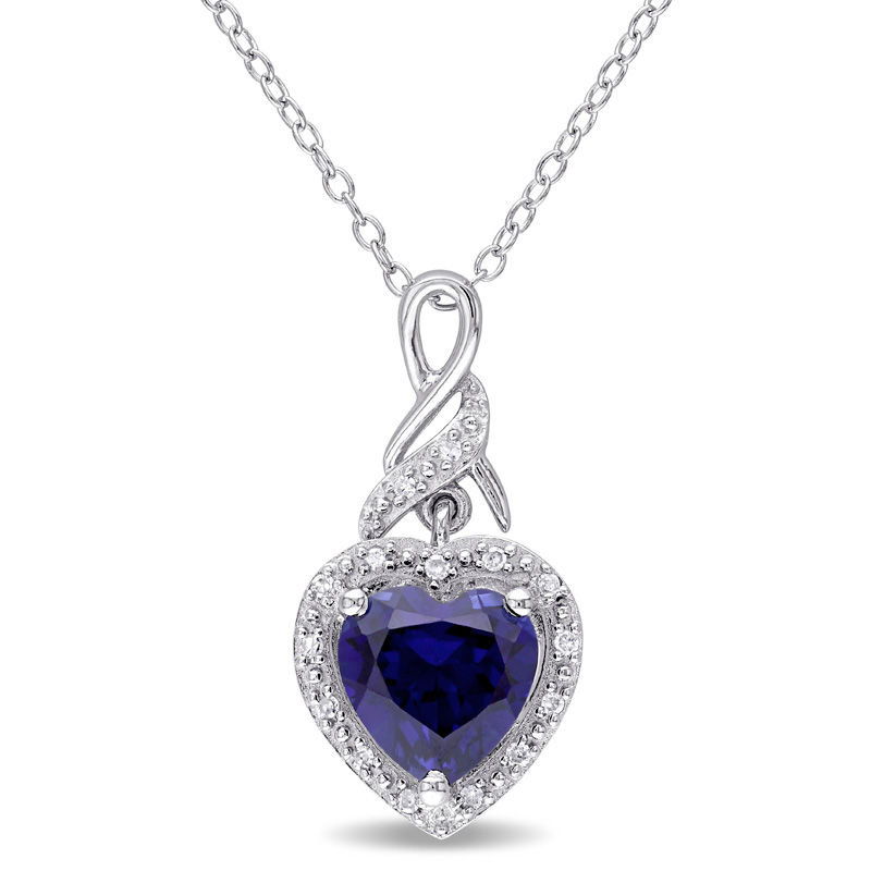 8.0mm Heart-Shaped Lab-Created Blue Sapphire and 0.06 CT. T.W. Diamond Cascading Frame Pendant in Sterling Silver