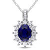 Oval Lab-Created Blue and White Sapphire Sunburst Frame Pendant in Sterling Silver with Diamond Accents