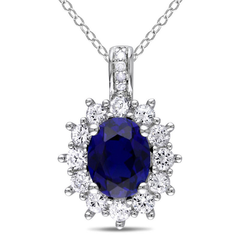 Oval Lab-Created Blue and White Sapphire Sunburst Frame Pendant in Sterling Silver with Diamond Accents|Peoples Jewellers