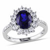 Thumbnail Image 0 of Oval Lab-Created Blue and White Sapphire Sunburst Frame Ring in Sterling Silver with Diamond Accents