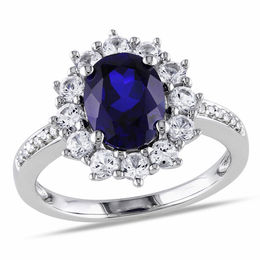 Oval Lab-Created Blue and White Sapphire Sunburst Frame Ring in Sterling Silver with Diamond Accents