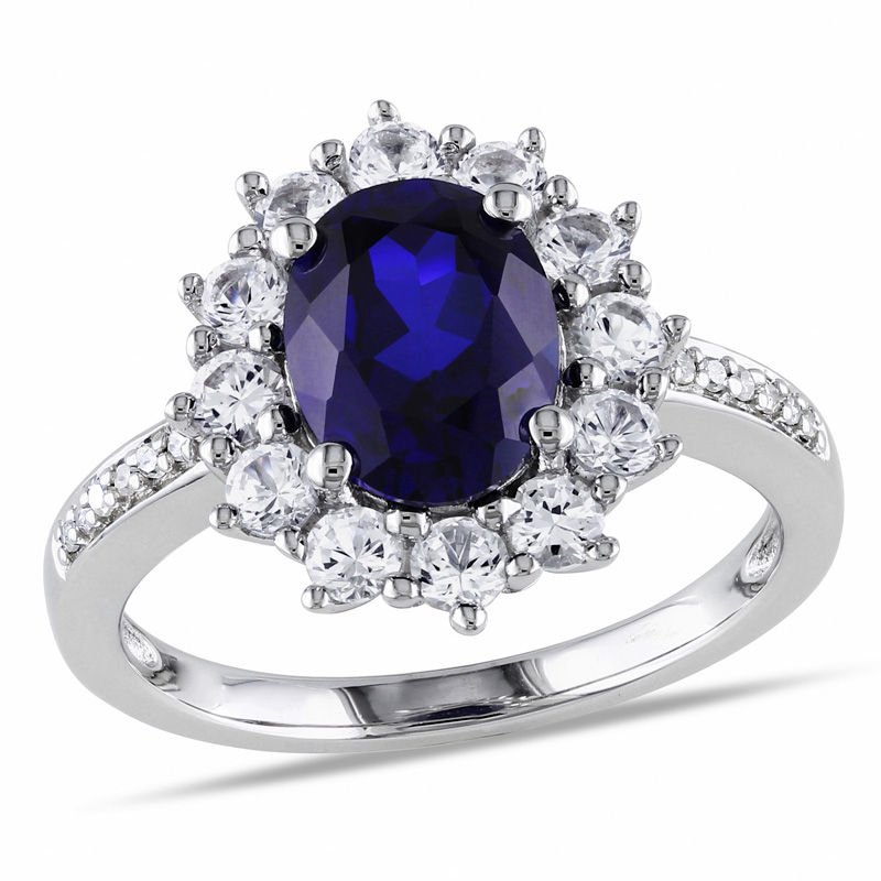 Oval Lab-Created Blue and White Sapphire Sunburst Frame Ring in Sterling Silver with Diamond Accents|Peoples Jewellers