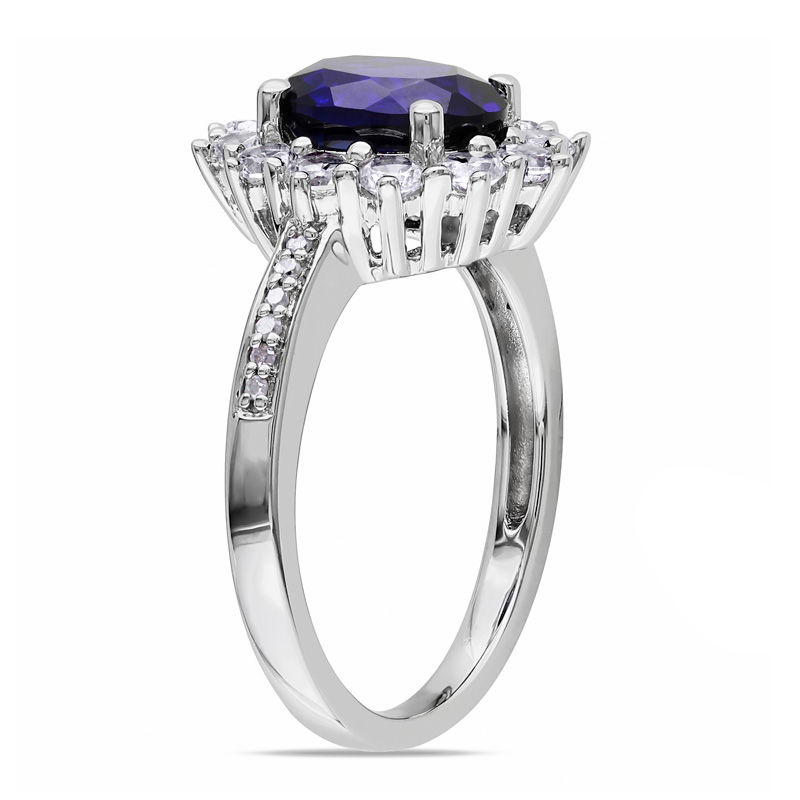 Main Image 2 of Oval Lab-Created Blue and White Sapphire Sunburst Frame Ring in Sterling Silver with Diamond Accents