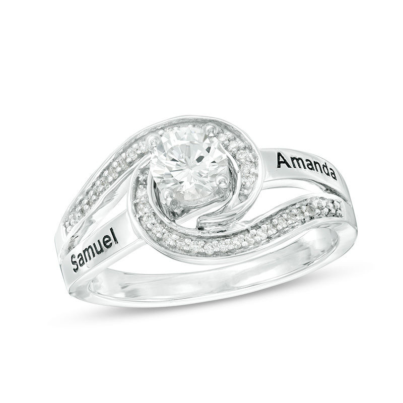 Main Image 1 of Couple's Simulated Birthstone and Diamond Accent Split Shank Swirl Frame Ring in Sterling Silver (1 Stone and 2 Names)