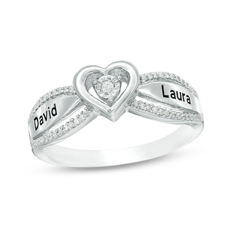 Couple's 1/8 CT. T.W. Diamond Heart Frame Promise Ring in Sterling Silver (2 Names)