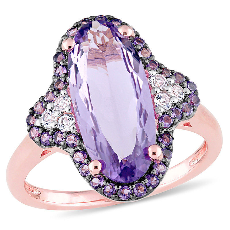 Elongated Oval Amethyst and White Topaz Frame Tri-Sides Ring in Sterling Silver with Rose Rhodium|Peoples Jewellers