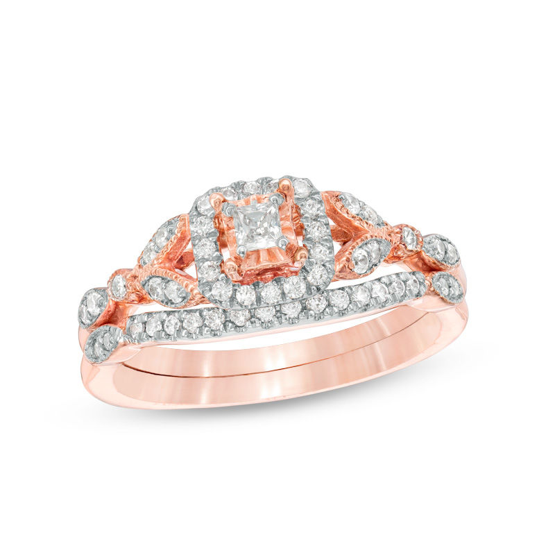 0.29 CT. T.W. Princess-Cut Diamond Frame Leaf-Sides Vintage-Style Bridal Set in 10K Rose Gold