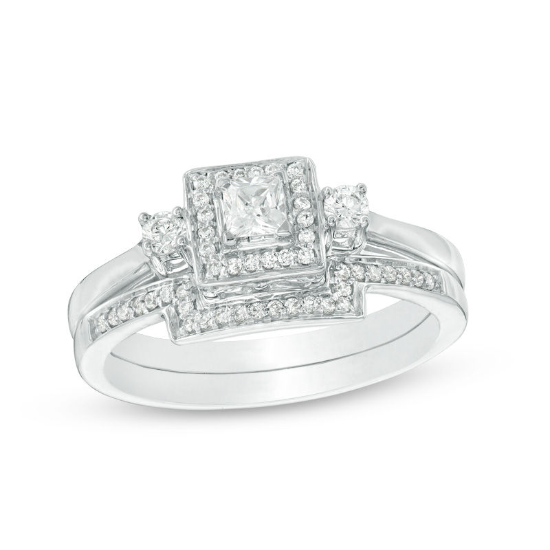 0.29 CT. T.W. Princess-Cut Diamond Three Stone Frame Bridal Set in 10K White Gold|Peoples Jewellers