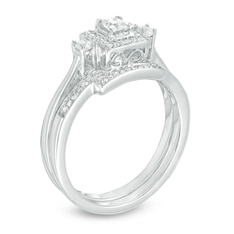 0.29 CT. T.W. Princess-Cut Diamond Three Stone Frame Bridal Set in 10K White Gold