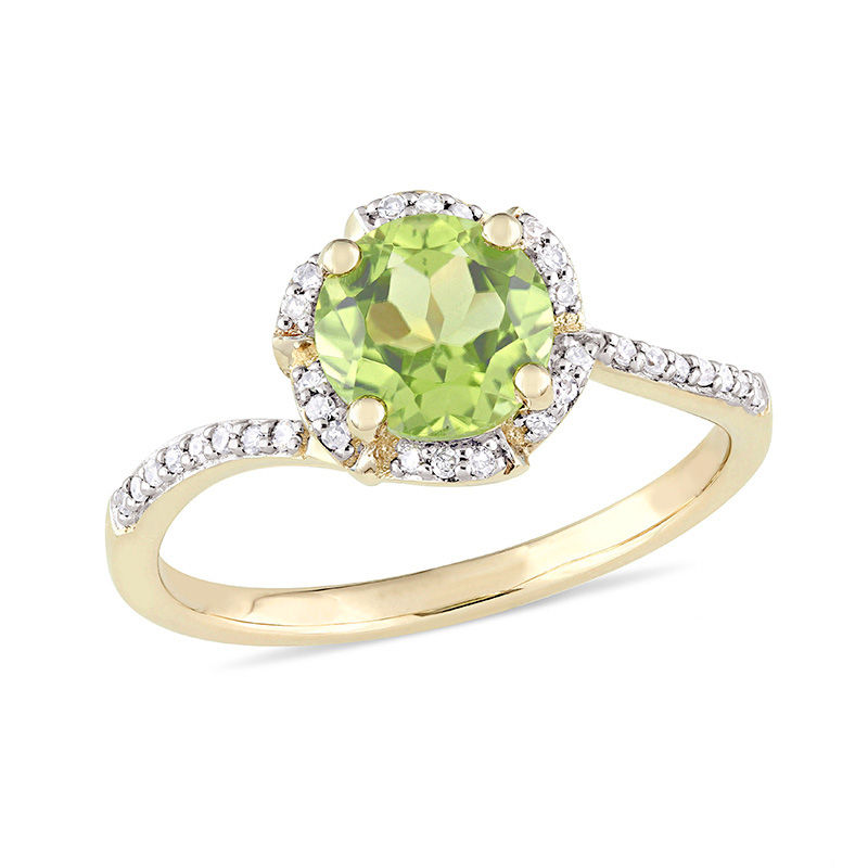 7.0mm Peridot and 0.10 CT. T.W. Diamond Floral Frame Bypass Ring in 14K Gold|Peoples Jewellers