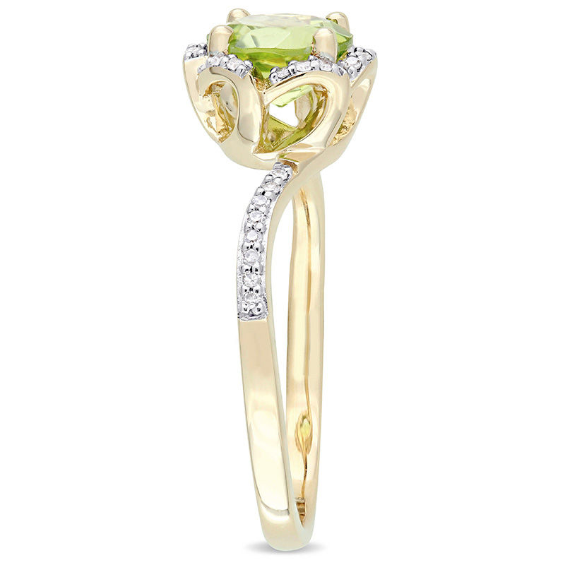 Main Image 2 of 7.0mm Peridot and 0.10 CT. T.W. Diamond Floral Frame Bypass Ring in 14K Gold