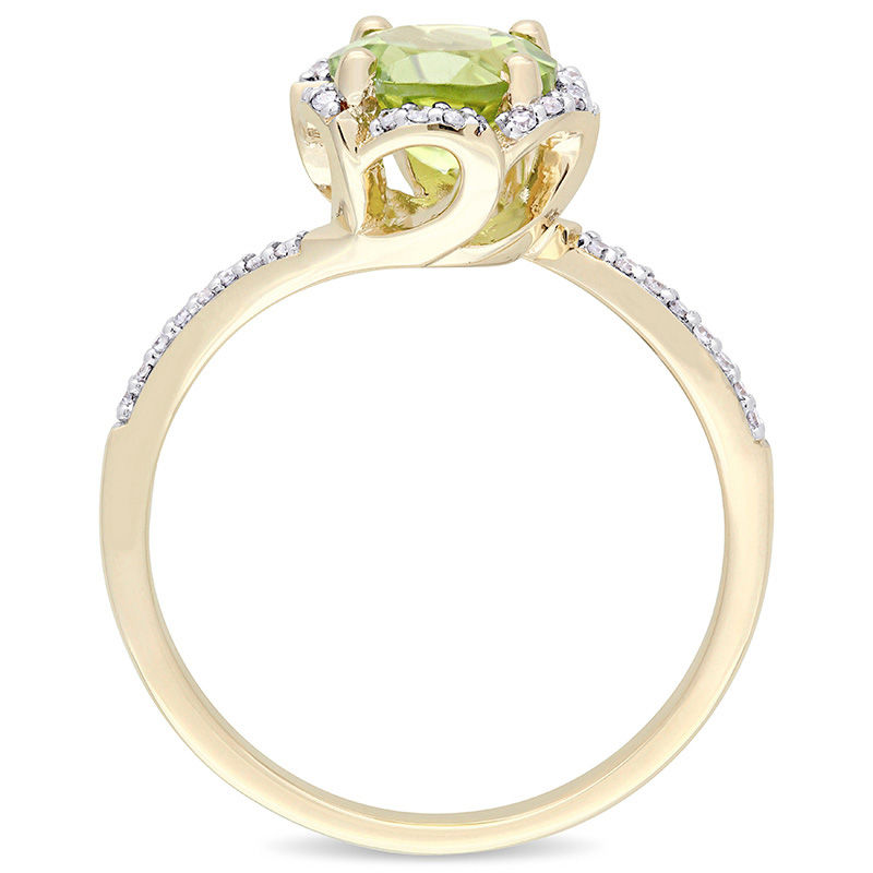 7.0mm Peridot and 0.10 CT. T.W. Diamond Floral Frame Bypass Ring in 14K Gold