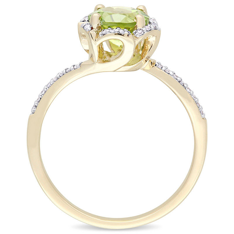 Main Image 3 of 7.0mm Peridot and 0.10 CT. T.W. Diamond Floral Frame Bypass Ring in 14K Gold