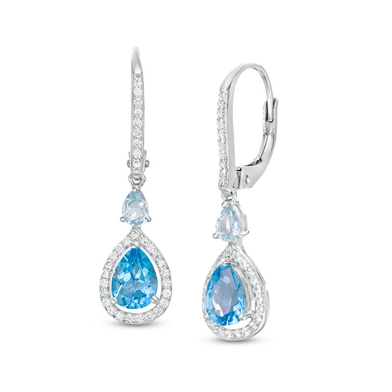Pear-Shaped Swiss and Sky Blue Topaz with Lab-Created White Sapphire Frame Drop Earrings in Sterling Silver|Peoples Jewellers