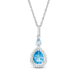 Pear-Shaped Swiss and Sky Blue Topaz with Lab-Created White Sapphire Frame Drop Pendant in Sterling Silver