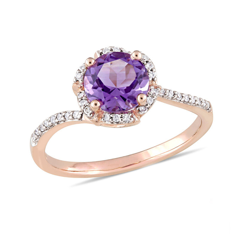 7.0mm Amethyst and 0.10 CT. T.W. Diamond Floral Frame Bypass Ring in 14K Rose Gold|Peoples Jewellers